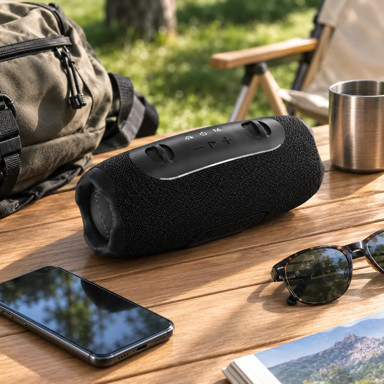 Black portable Bluetooth speaker on an outdoor camping table with phone, backpack, and sunglasses