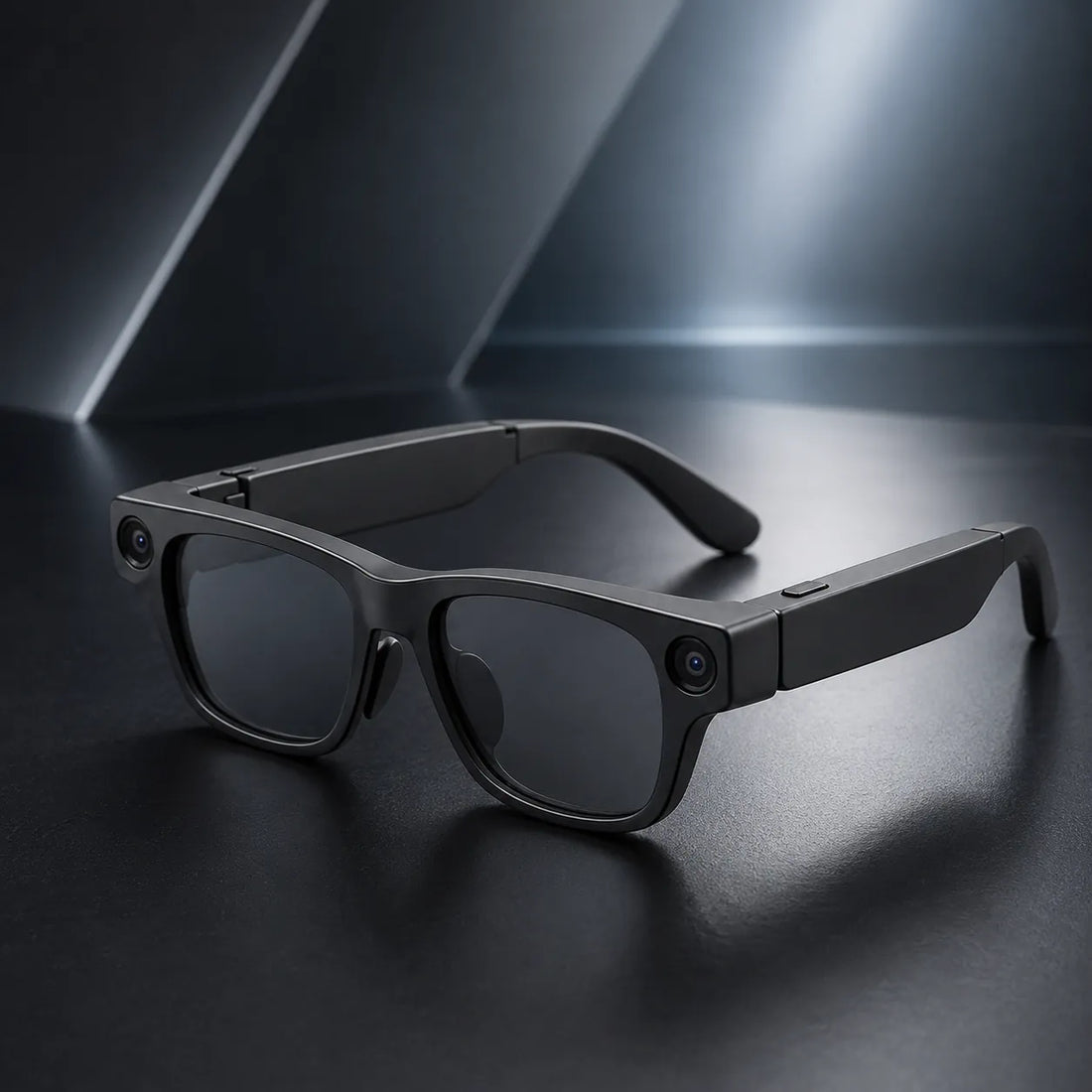 Smart glasses with built-in cameras shown in a premium dark technology setting