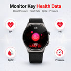BEEVVOS 501 health monitoring smartwatch with heart rate, SpO2, blood pressure and pressure tracking icons