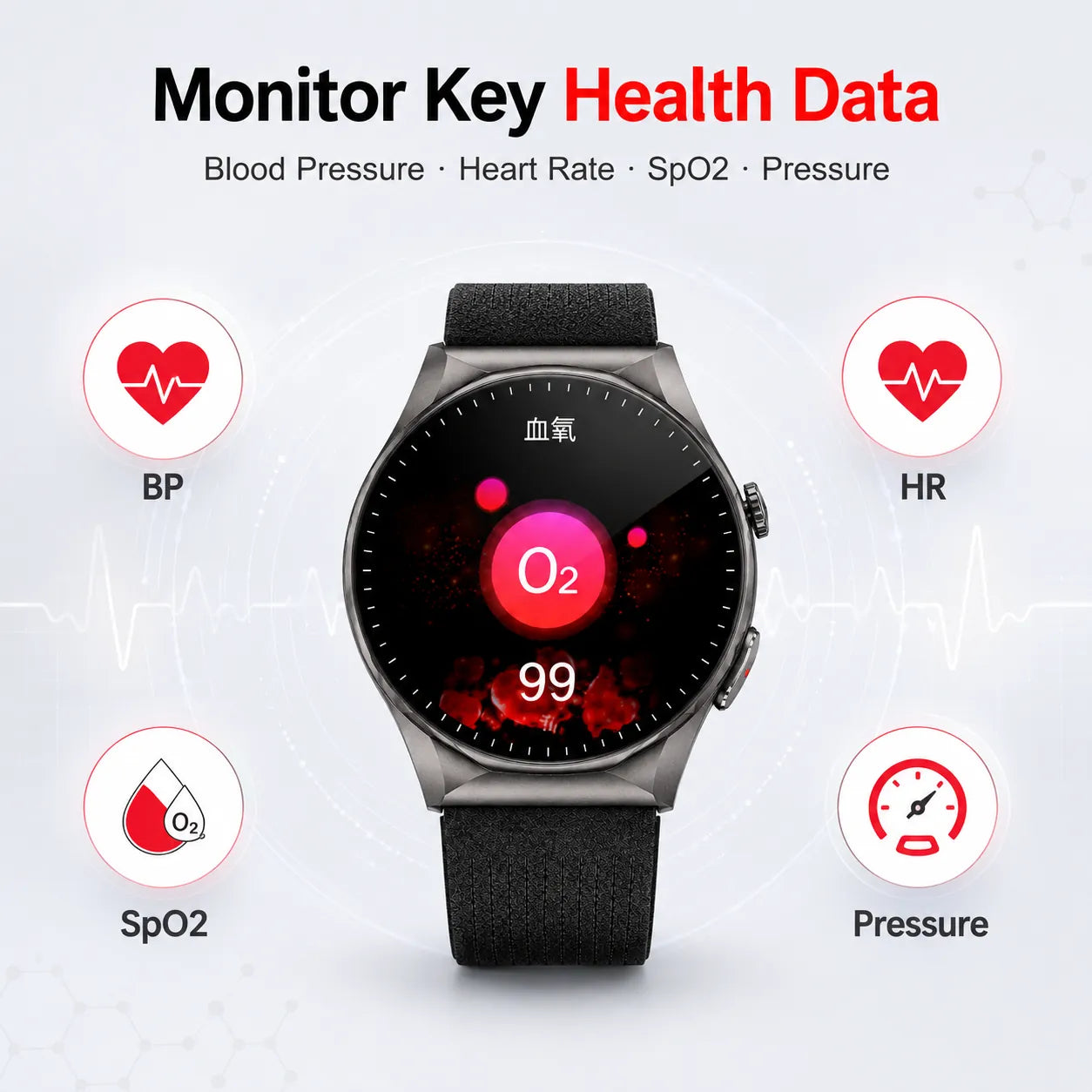 BEEVVOS 501 health monitoring smartwatch with heart rate, SpO2, blood pressure and pressure tracking icons
