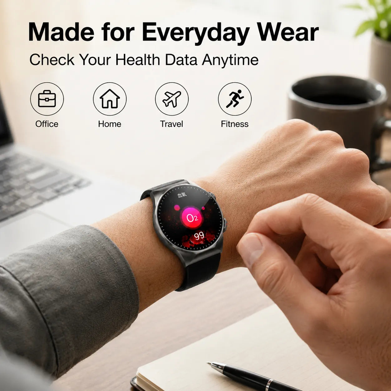 BEEVVOS 501 round smartwatch worn for daily use at home, office, travel and light fitness activities