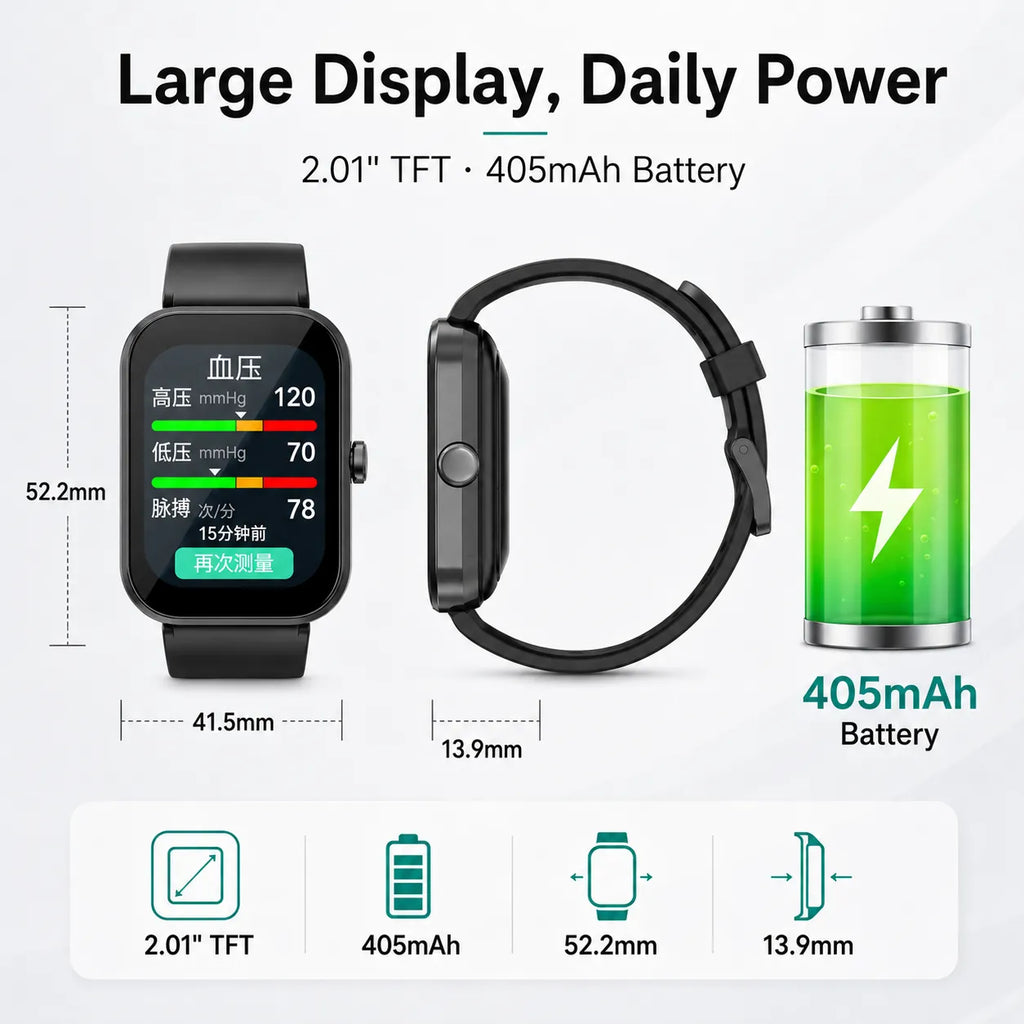 BEEVVOS U19 blood pressure smart watch with 405mAh battery and 52.2 by 41.5 mm case size