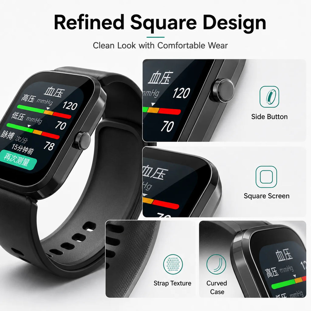 BEEVVOS U19 square smart watch close up with side button, large screen and textured strap design