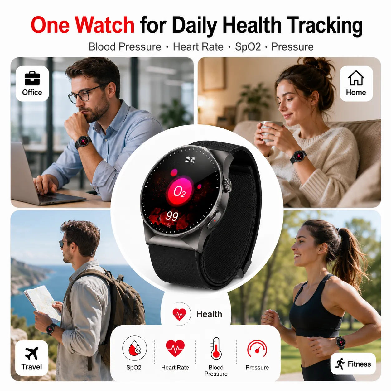 BEEVVOS 501 smart health watch for daily blood pressure, heart rate, blood oxygen and pressure monitoring