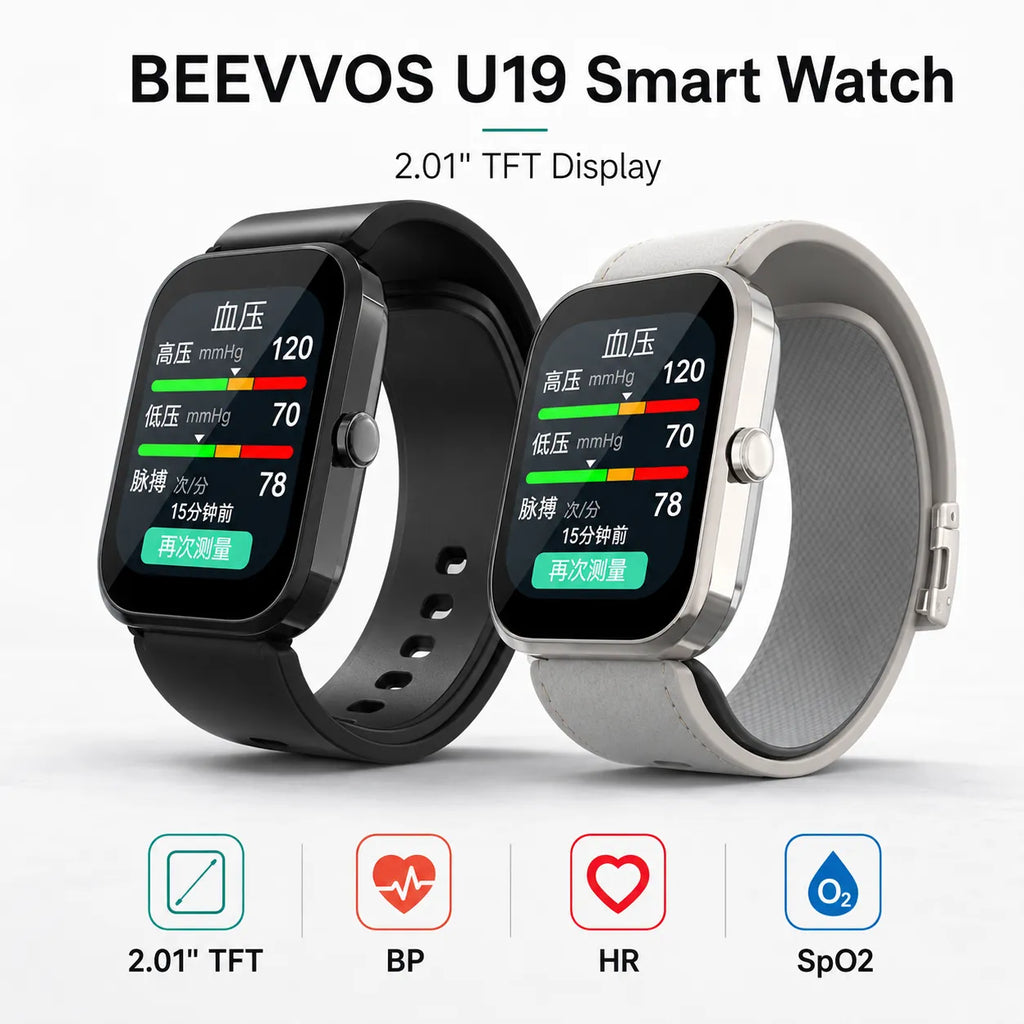 BEEVVOS U19 blood pressure smart watch with 2.01 inch TFT display in black and gold color options