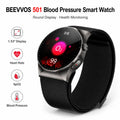 BEEVVOS 501 blood pressure smart watch in black with round display, silicone strap and health monitoring design