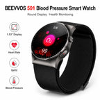 BEEVVOS 501 blood pressure smart watch in black with round display, silicone strap and health monitoring design