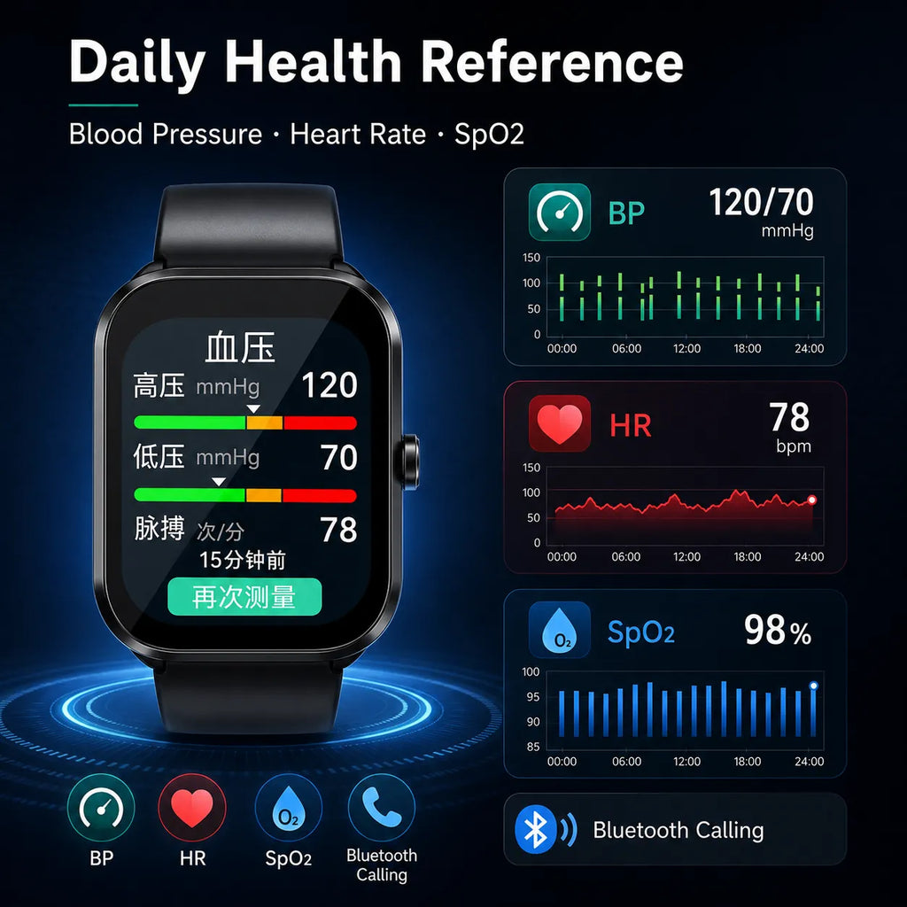 BEEVVOS U19 square smartwatch showing blood pressure, heart rate and SpO2 health reference features