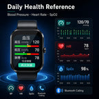 BEEVVOS U19 square smartwatch showing blood pressure, heart rate and SpO2 health reference features