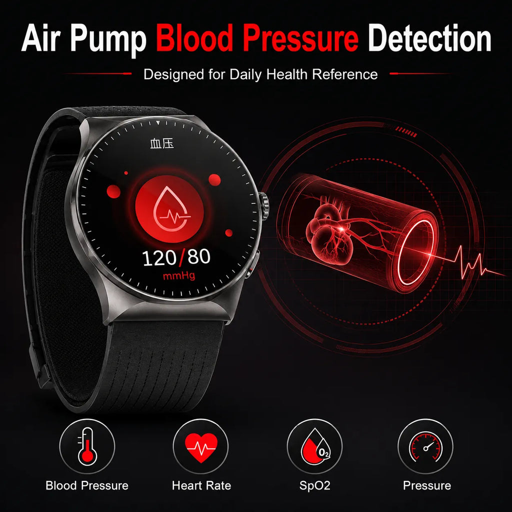 BEEVVOS 501 smart watch showing air pump blood pressure detection for daily health data reference