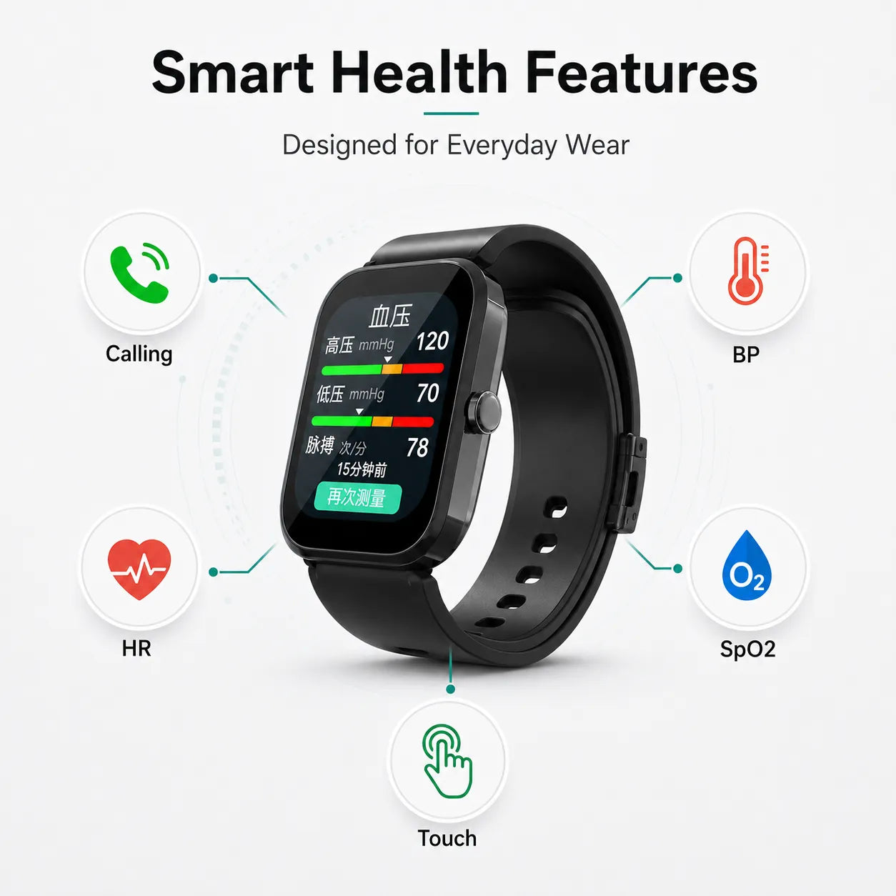 BEEVVOS U19 smart watch feature overview with Bluetooth calling, BP, HR and blood oxygen monitoring