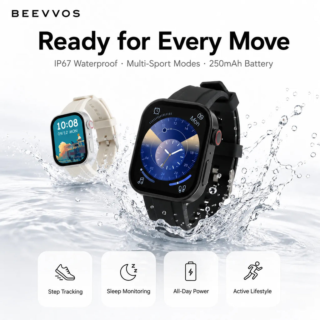 BEEVVOS GT3 smart watch close up with soft silicone strap, slim frame, responsive crown and smooth touch screen