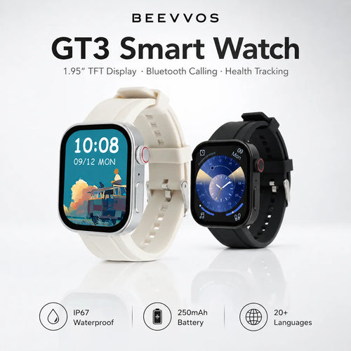 BEEVVOS GT3 smart watch in white silver and black with 1.95 inch TFT display and Bluetooth calling