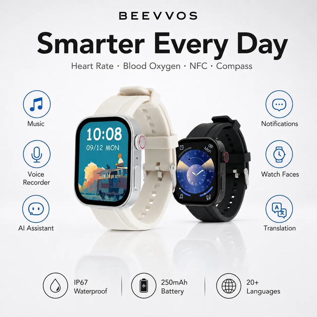 BEEVVOS GT3 Bluetooth calling smart watch with heart rate, blood oxygen, NFC, compass and smart notifications