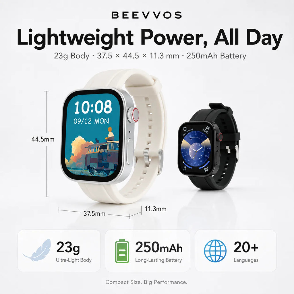 BEEVVOS GT3 lightweight smart watch with 23g body, 250mAh battery and compact 37.5 x 44.5 mm size