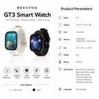 BEEVVOS GT3 smart watch package with charging cable, user guide, Bluetooth calling and 20 plus language support