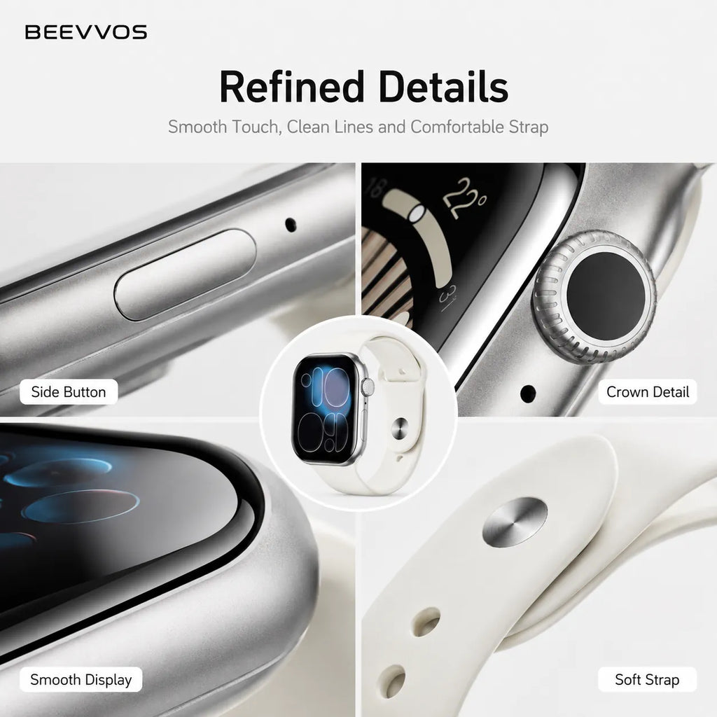 BEEVVOS H26 Pro smart watch close up showing crown, side button, smooth display and comfortable strap details