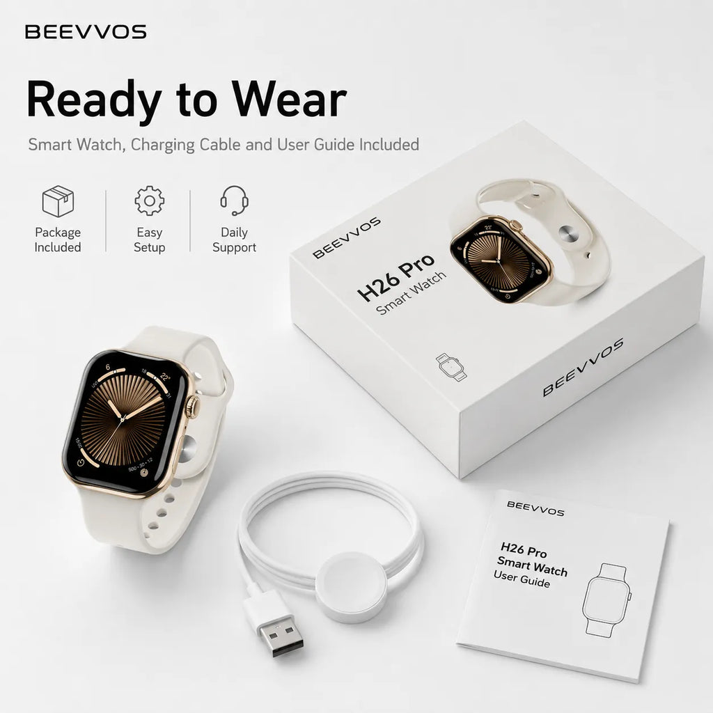 EEVVOS H26 Pro smart watch package with watch, charging cable and user guide for daily wearable use