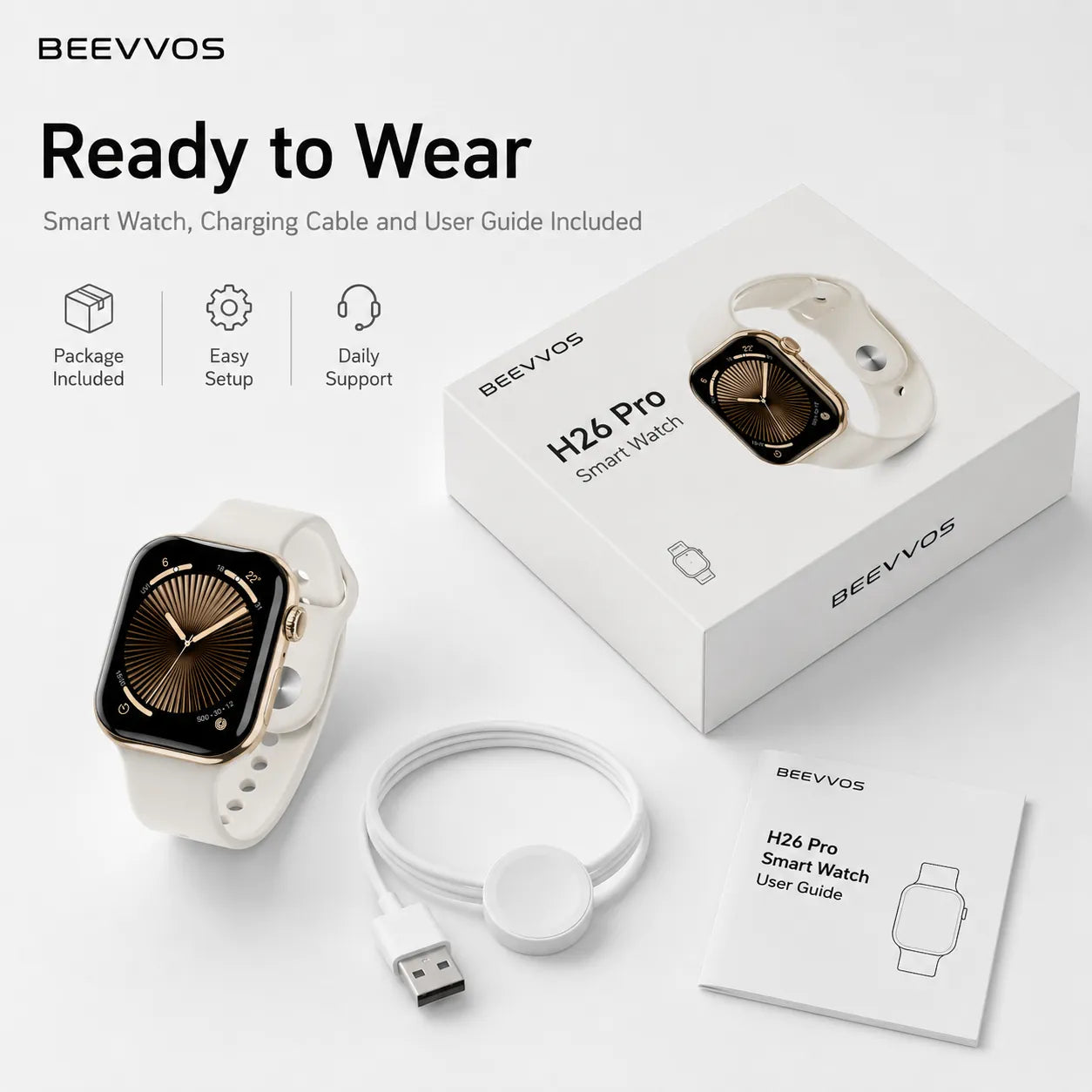 EEVVOS H26 Pro smart watch package with watch, charging cable and user guide for daily wearable use