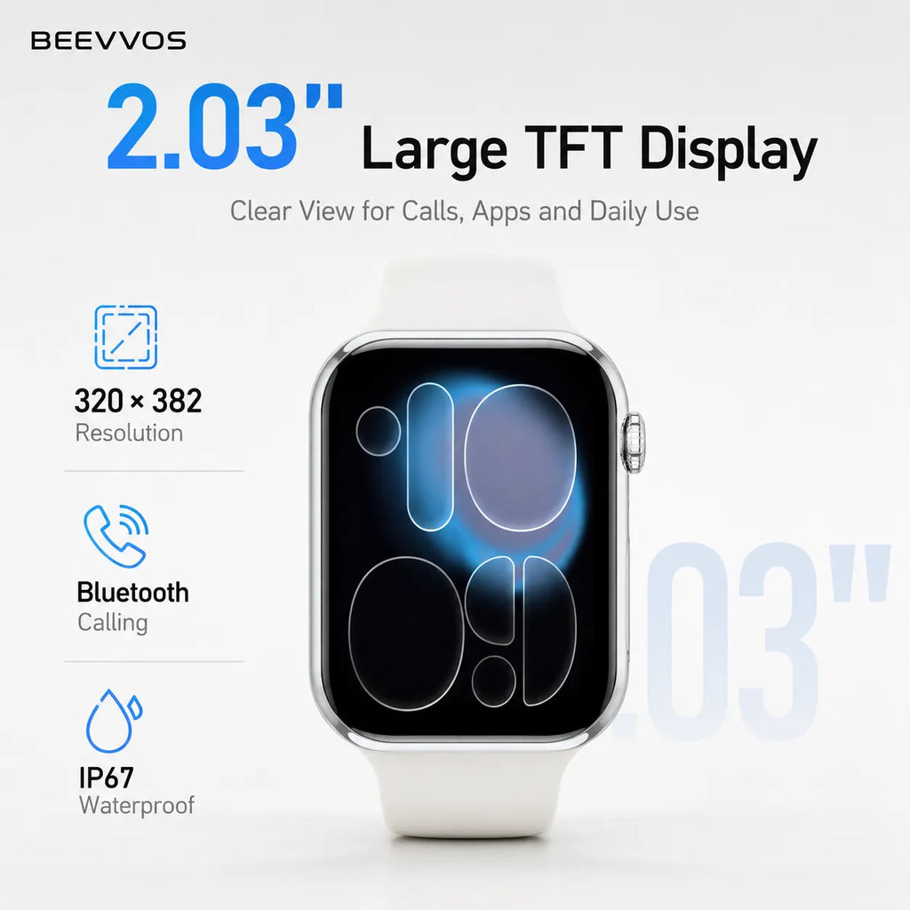BEEVVOS H26 Pro smart watch featuring a large 2.03 inch TFT display with 320 by 382 resolution