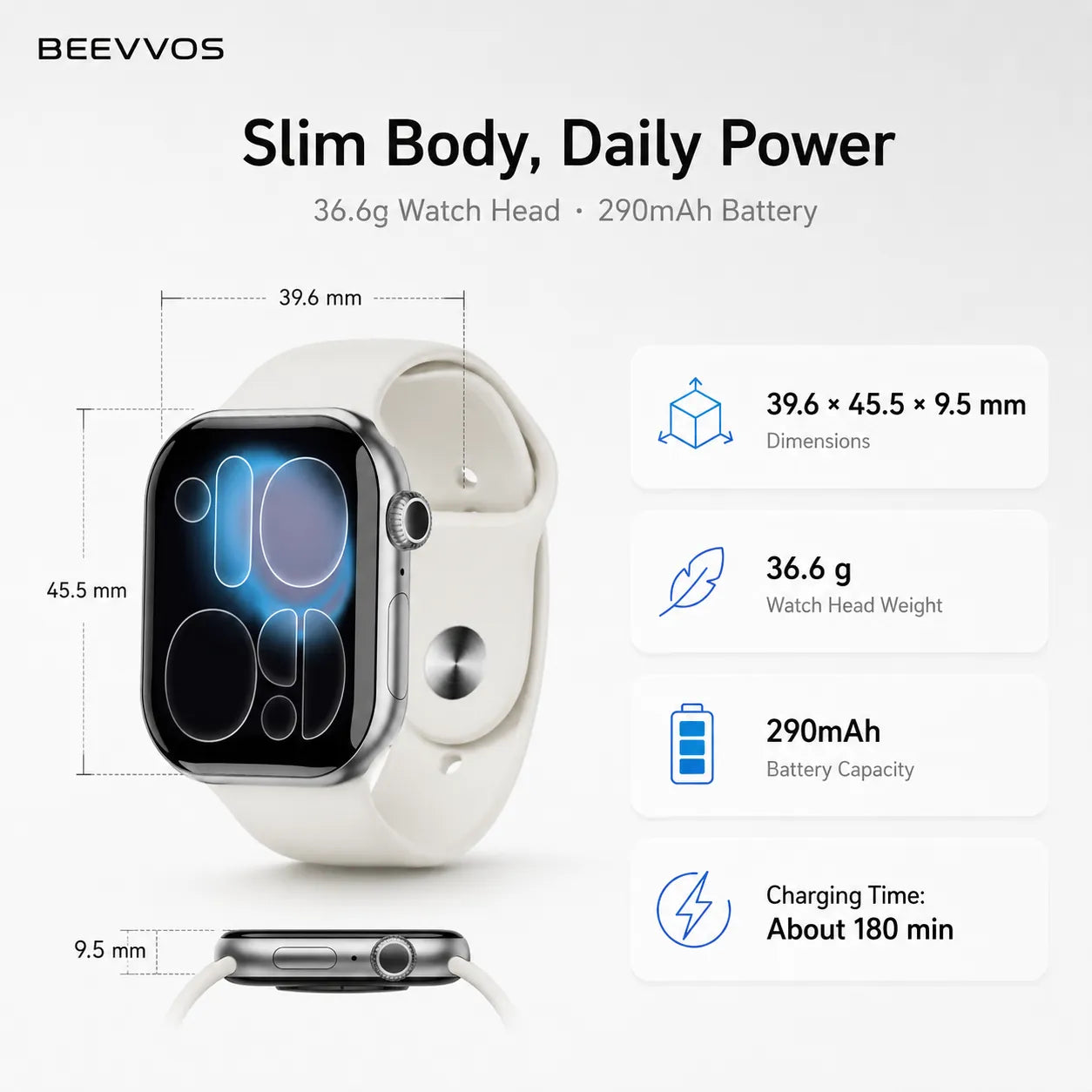 BEEVVOS H26 Pro smart watch with 36.6g watch head, 290mAh battery and slim 9.5mm body design