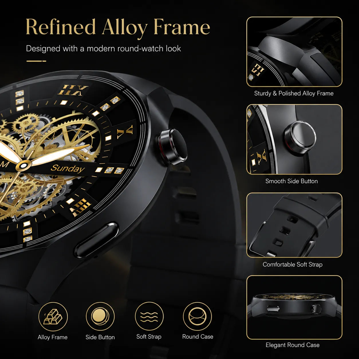 BEEVVOS HT30 smart watch close-up with alloy frame, side button, soft strap and round case details