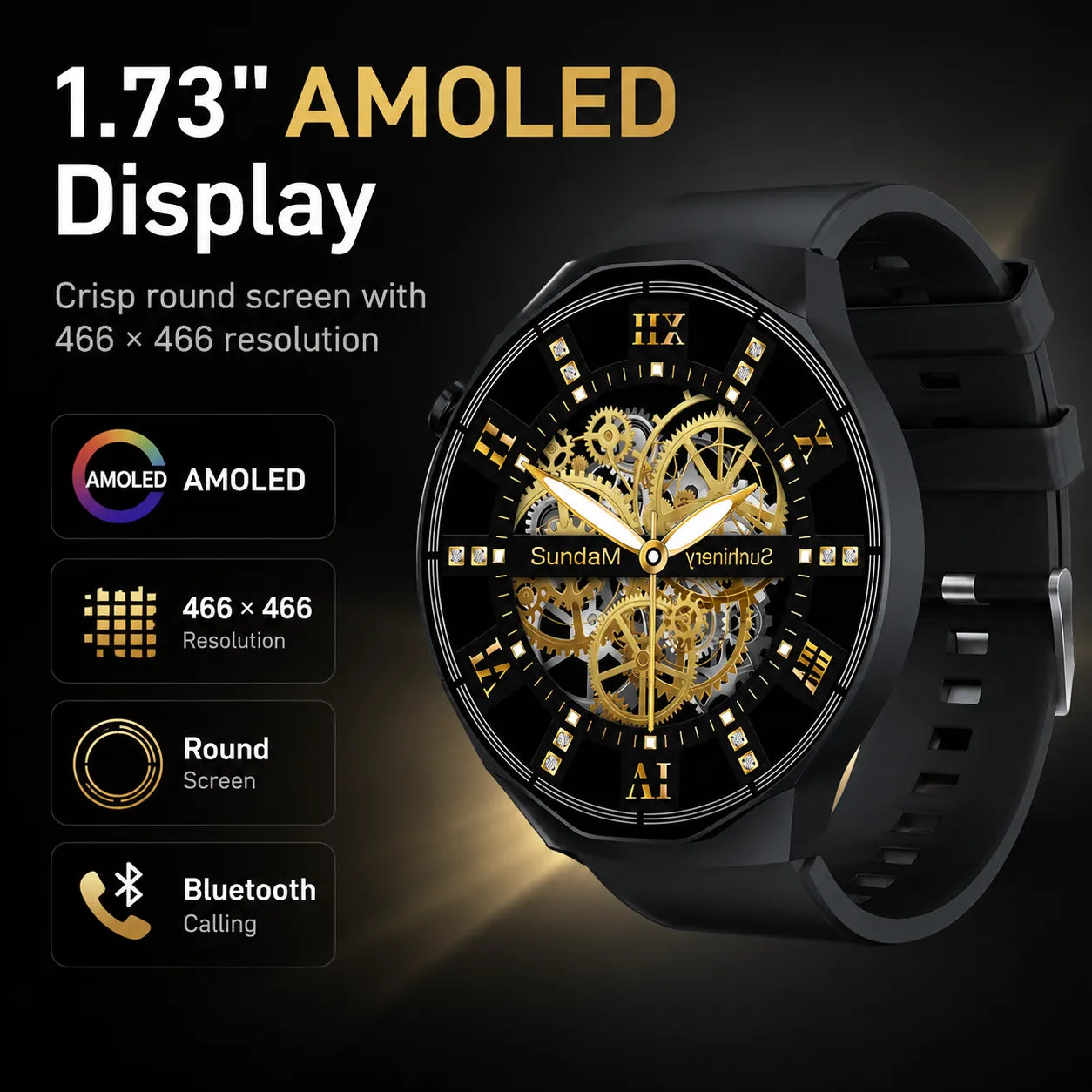 BEEVVOS HT30 smart watch featuring a 1.73 inch AMOLED screen with 466 by 466 resolution