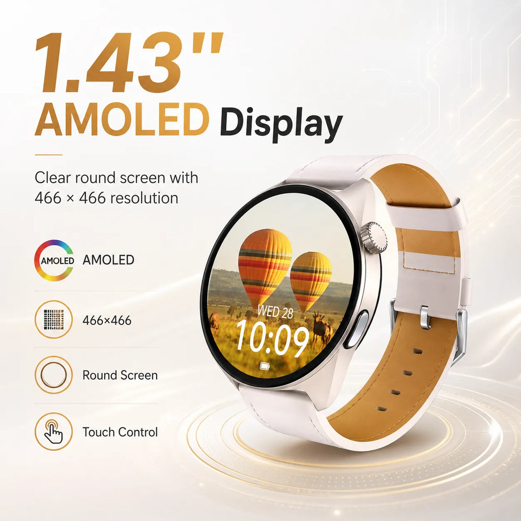 BEEVVOS HT50 smart watch showing 1.43 inch AMOLED screen with 466x466 resolution for clear daily viewing