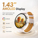 BEEVVOS HT50 smart watch showing 1.43 inch AMOLED screen with 466x466 resolution for clear daily viewing