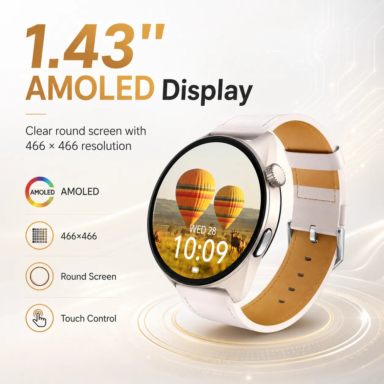 BEEVVOS HT50 smart watch showing 1.43 inch AMOLED screen with 466x466 resolution for clear daily viewing