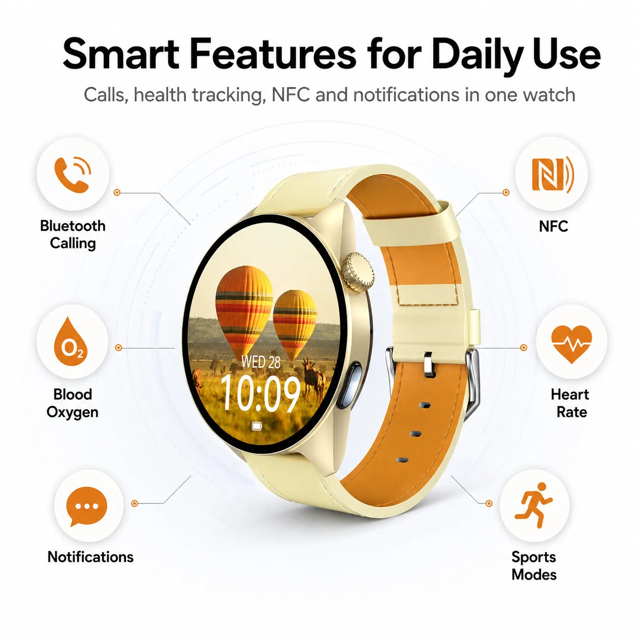 BEEVVOS HT50 smart watch with Bluetooth calling, NFC, health tracking, sports modes and message notifications