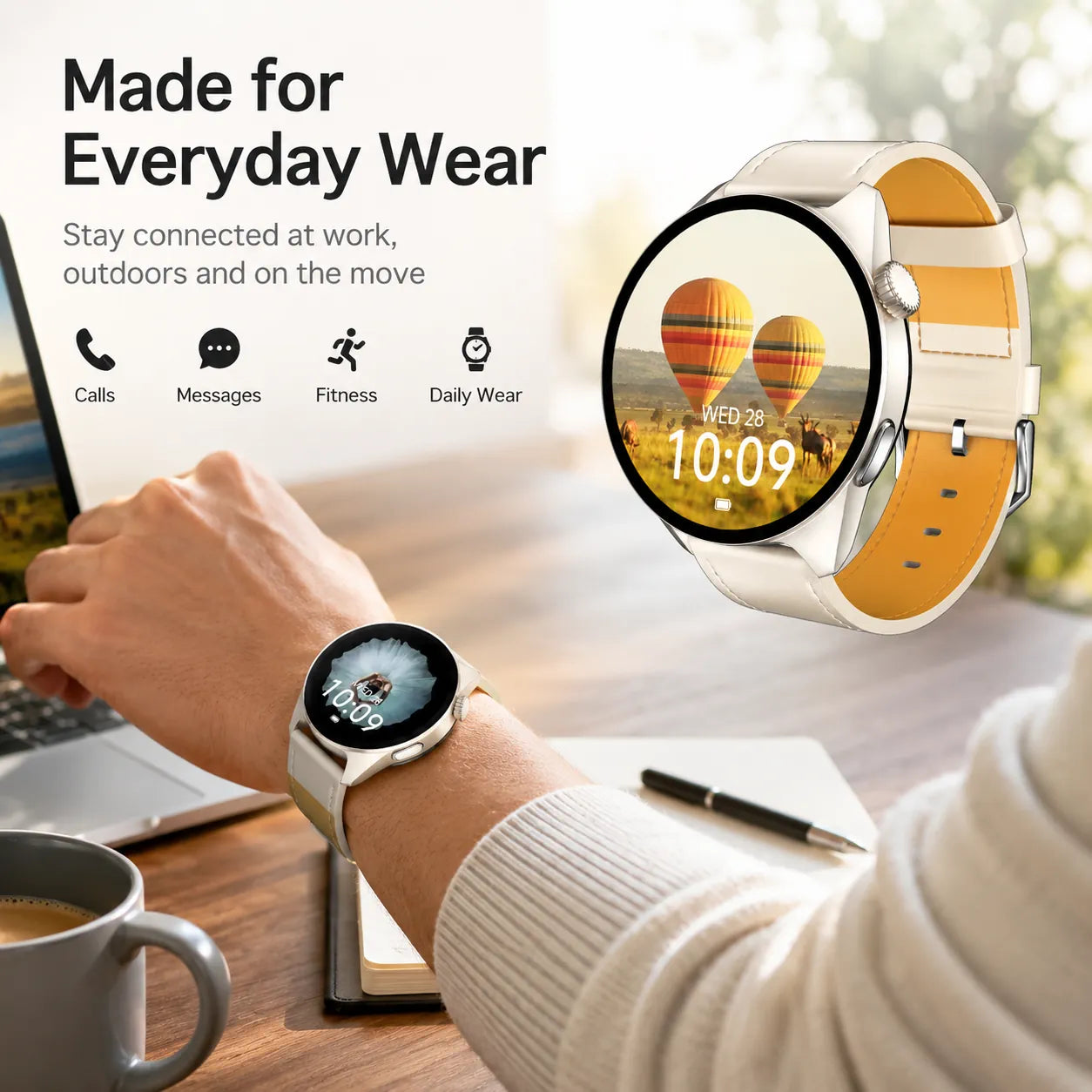 BEEVVOS HT50 smart watch worn for work, travel and fitness with calls, messages and daily activity tracking