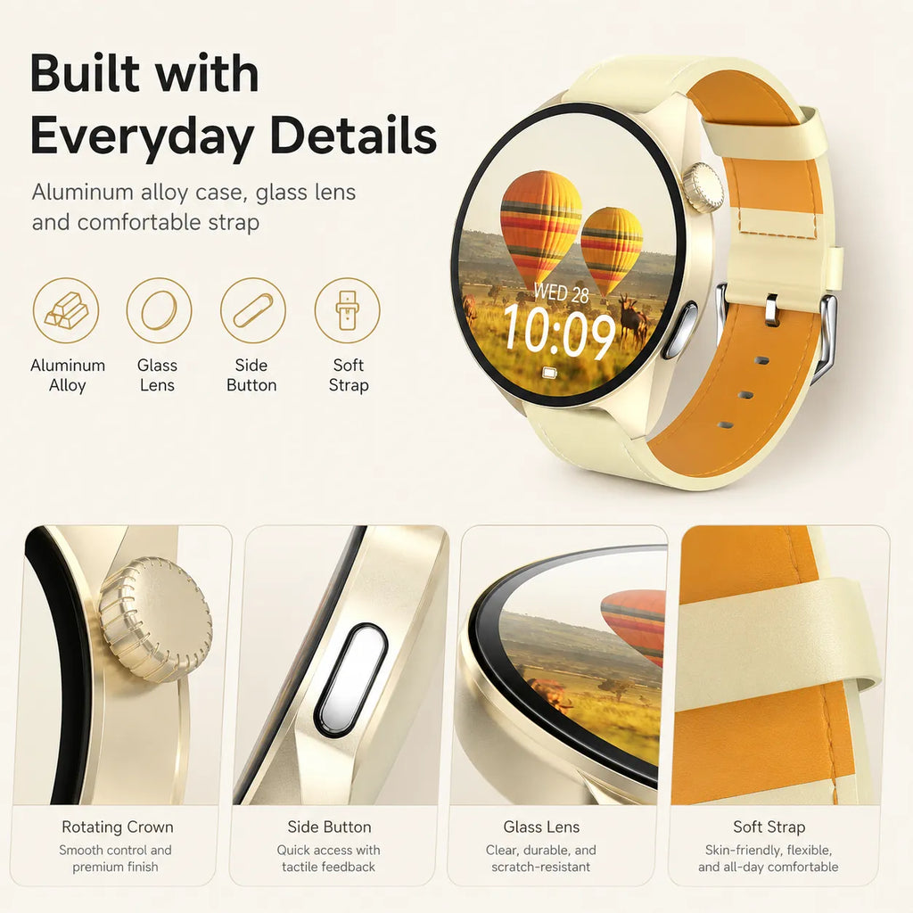 BEEVVOS HT50 smart watch close up showing glass lens, side button, aluminum alloy case and comfortable strap