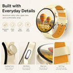 BEEVVOS HT50 smart watch close up showing glass lens, side button, aluminum alloy case and comfortable strap