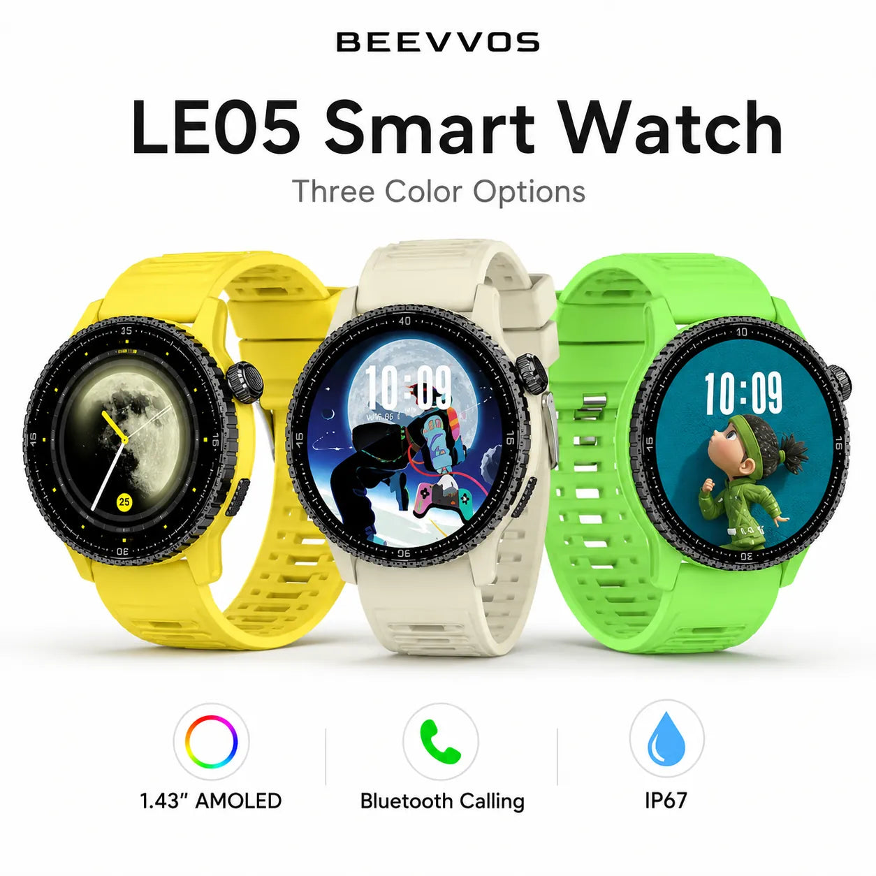 BEEVVOS LE05 smart watch in Cloud Mist Gray, Lightning Green and Cyclone Yellow with round AMOLED display