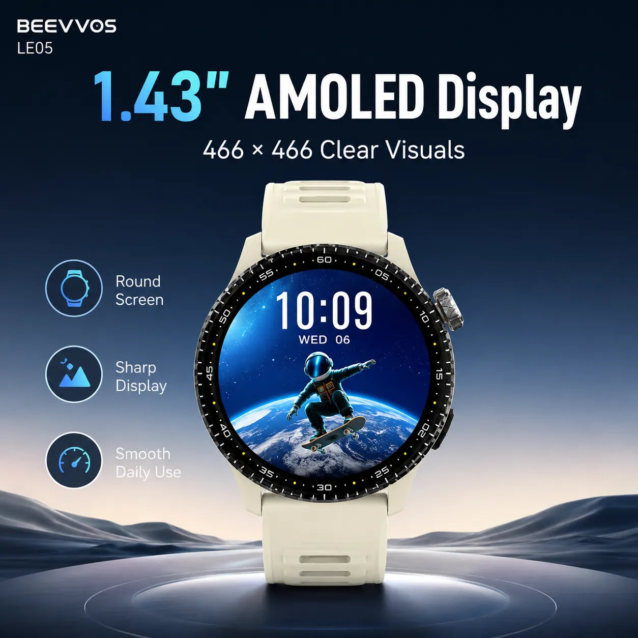BEEVVOS LE05 AMOLED smart watch featuring a 1.43 inch round screen with 466 by 466 resolution