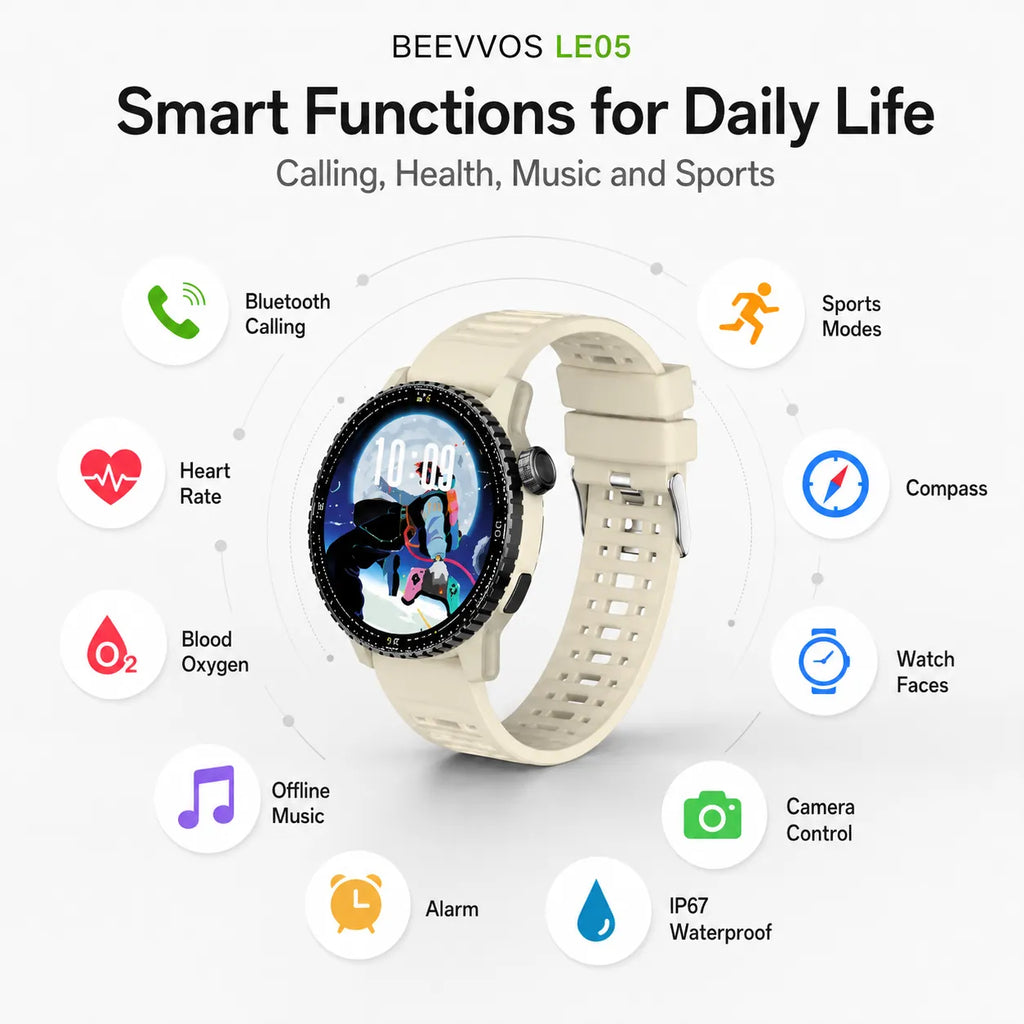 BEEVVOS LE05 smart watch with Bluetooth calling, heart rate monitoring, SpO2 tracking and offline music