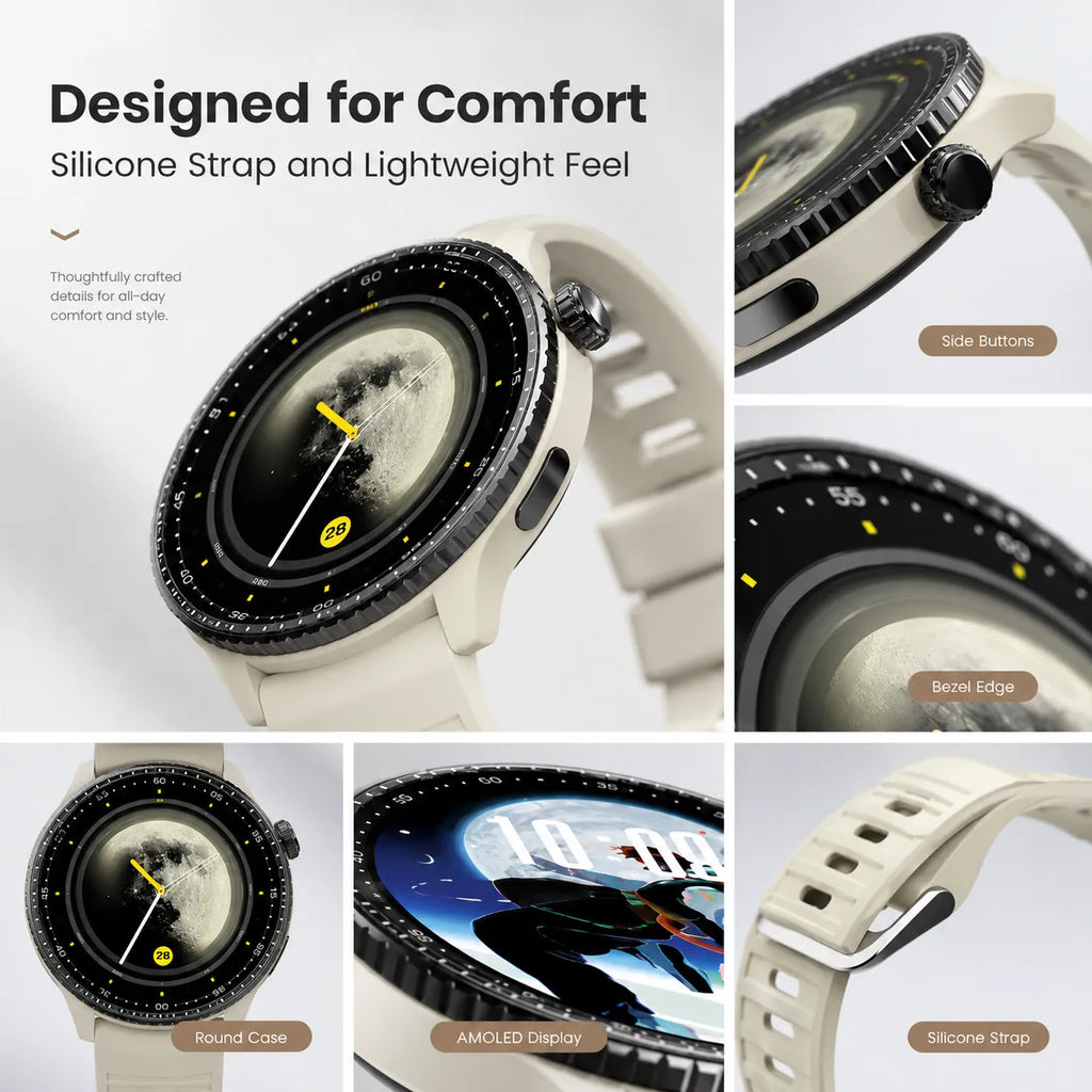 BEEVVOS LE05 round smart watch close-up showing silicone strap, side buttons and detailed wearable design