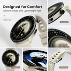 BEEVVOS LE05 round smart watch close-up showing silicone strap, side buttons and detailed wearable design