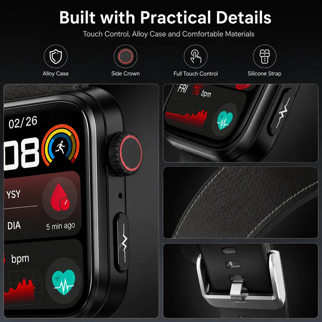 BEEVVOS M15 PRO health smart watch displaying blood pressure, ECG, heart rate, blood oxygen, temperature and sleep functions