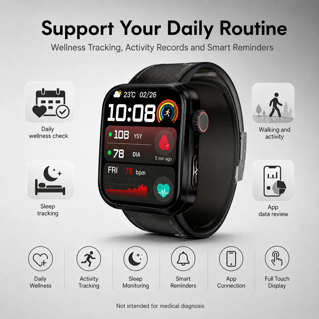 BEEVVOS M15 PRO blood pressure smart watch used at home with mobile app data review and supported family wellness sharing