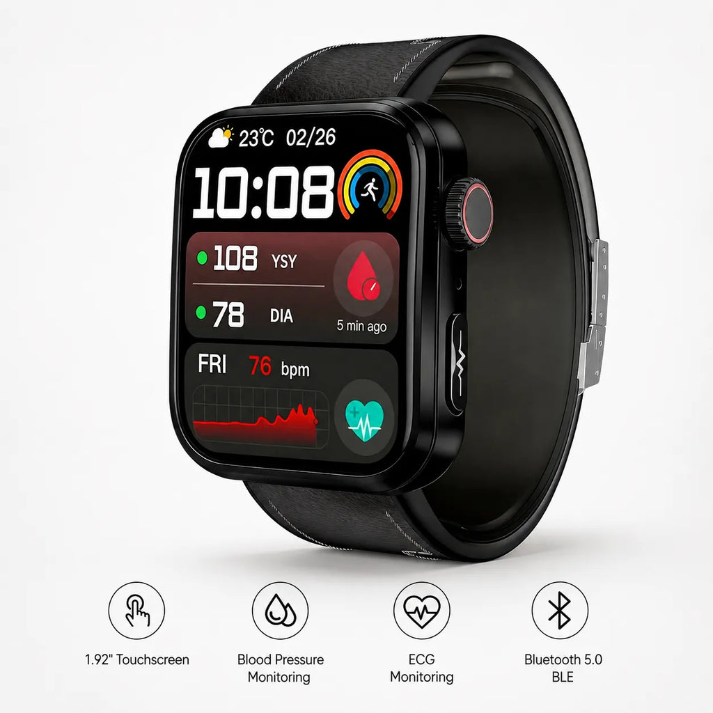 BEEVVOS M15 PRO air-pump blood pressure smart watch with 1.92-inch touchscreen, black case, silicone strap and detachable airbag