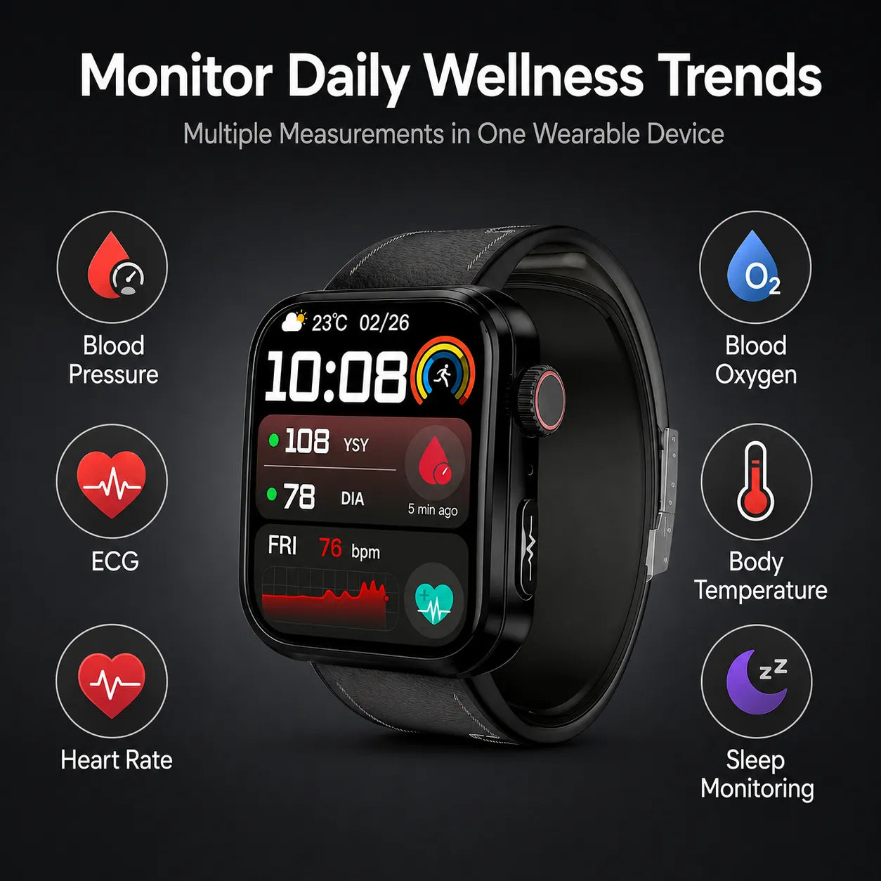 BEEVVOS M15 PRO health watch detail view featuring alloy case, side crown, touch display, silicone strap and TPU airbag