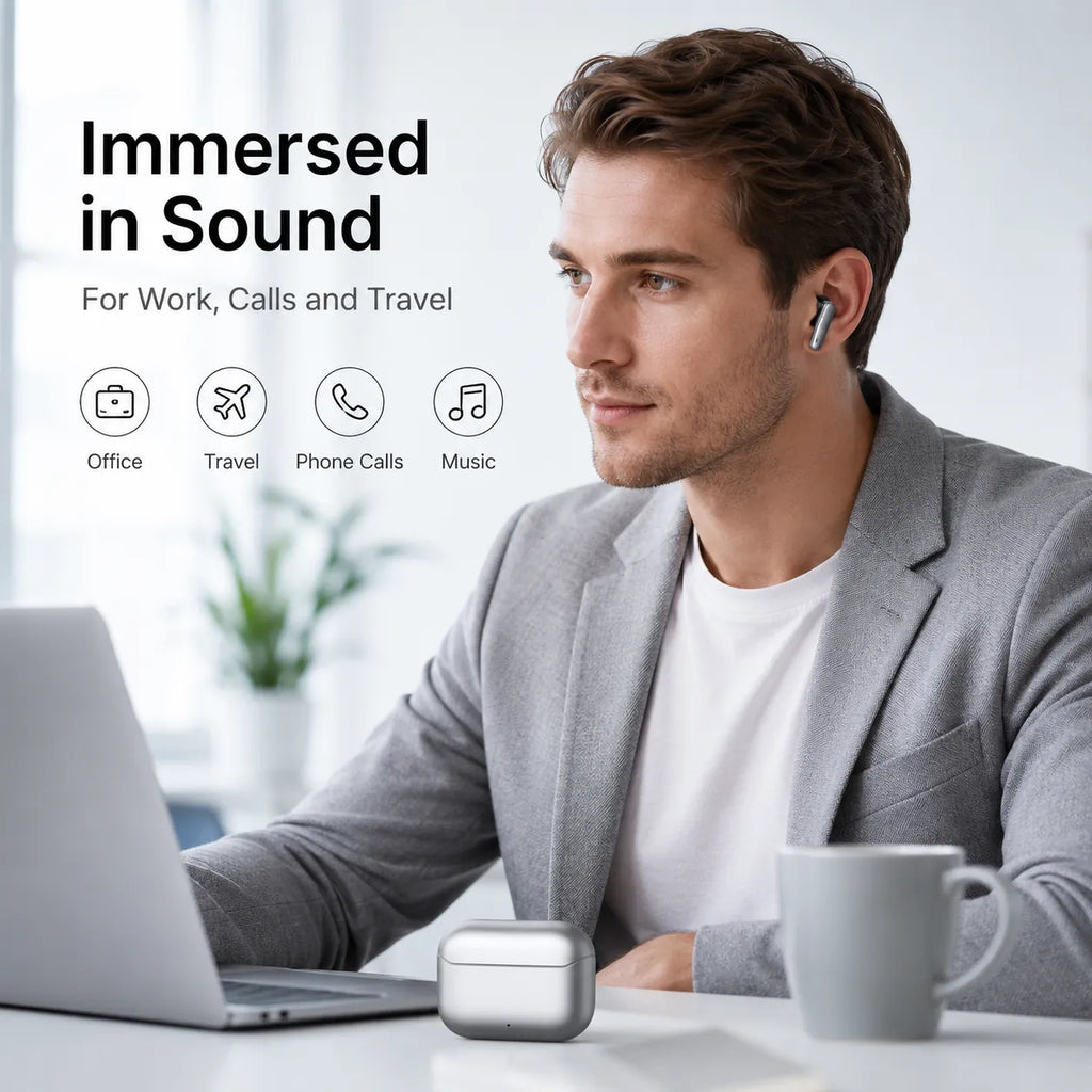 BEEVVOS LDW-530 in-ear wireless earbuds highlighting comfortable wearing, true wireless use and compact case design