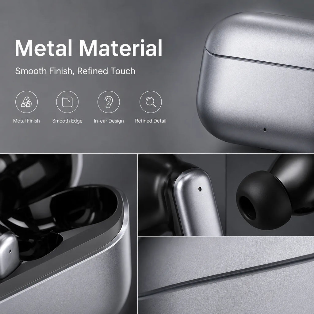 BEEVVOS LDW-530 metal-finish wireless earbuds showing the rounded charging case, ear tips and exterior details