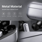 BEEVVOS LDW-530 metal-finish wireless earbuds showing the rounded charging case, ear tips and exterior details