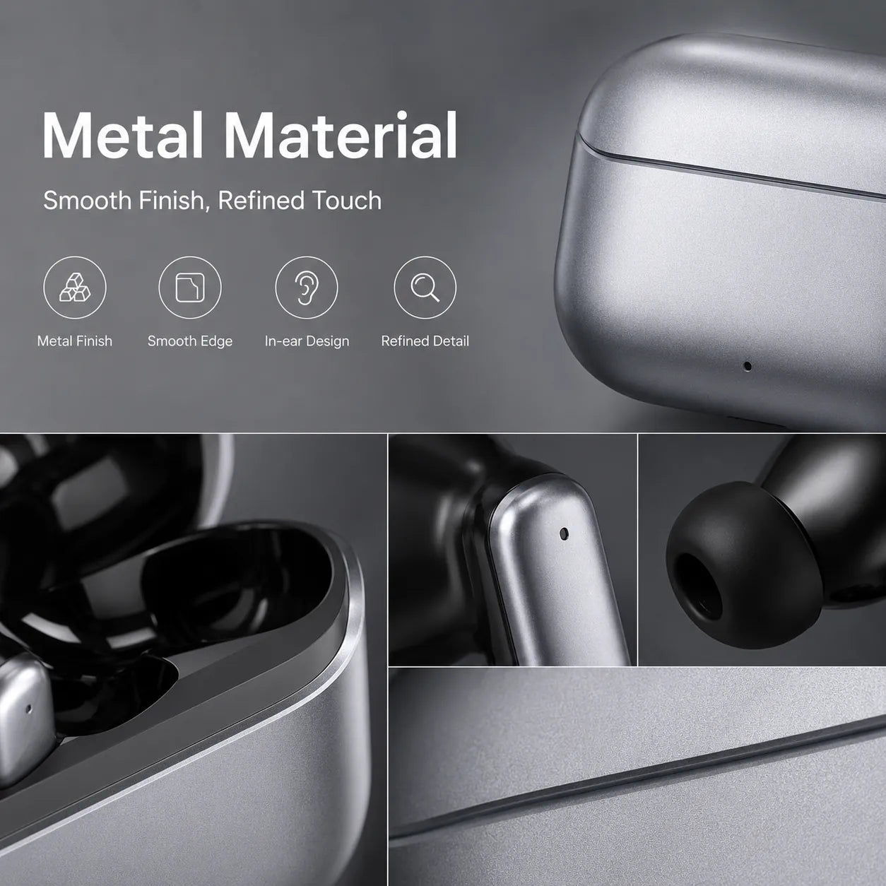 BEEVVOS LDW-530 metal-finish wireless earbuds showing the rounded charging case, ear tips and exterior details
