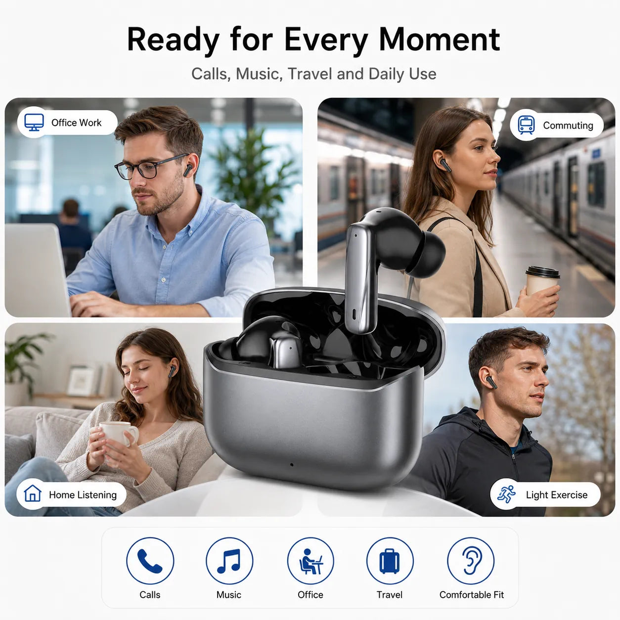BEEVVOS LDW-530 gray and white wireless earbuds for commuting, working, studying and daily home entertainment