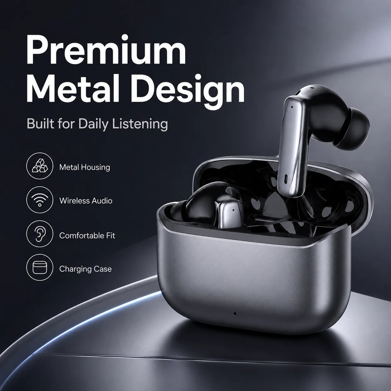 BEEVVOS LDW-530 true wireless earbuds showing up to 45-hour total battery life with the compact charging case