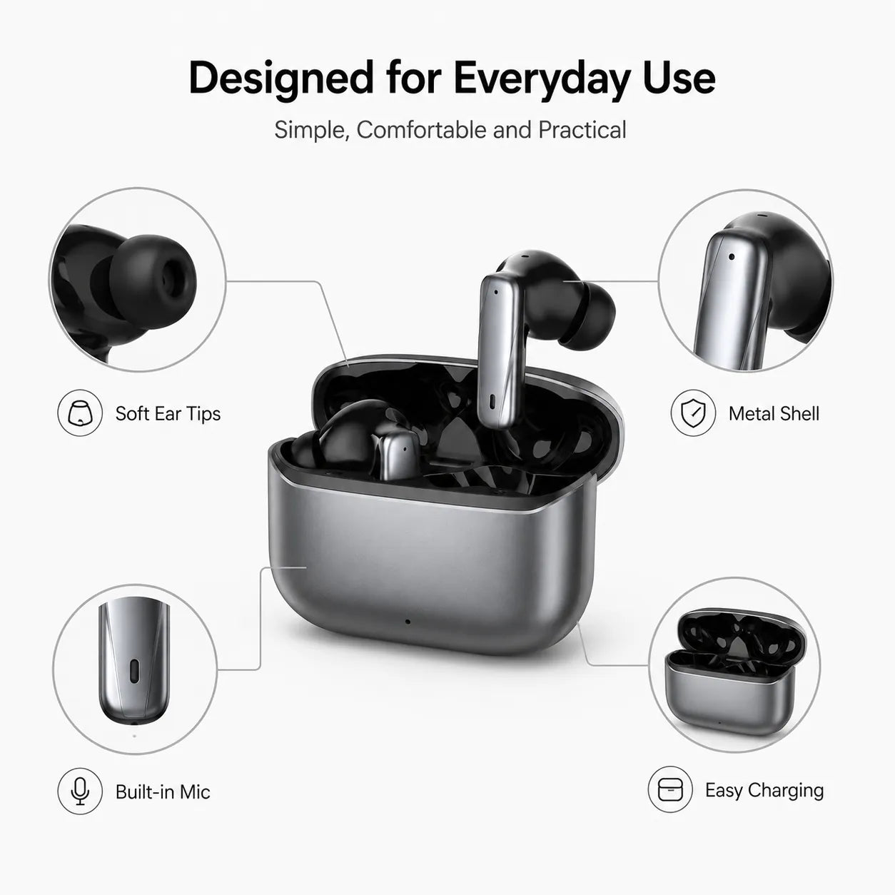 BEEVVOS LDW-530 portable wireless earbuds with compact charging case and up to 45-hour total battery performance
